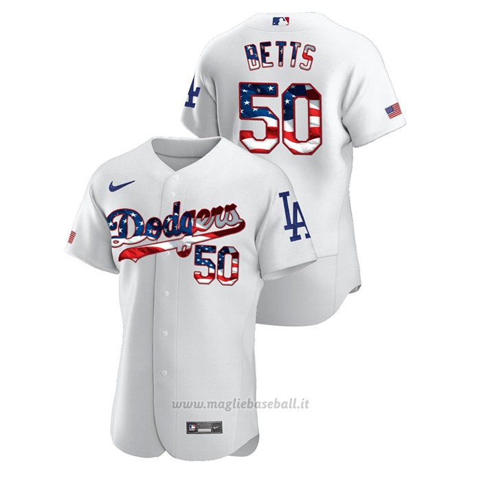 Maglia Baseball Uomo Los Angeles Dodgers Mookie Betts 2020 Stars & Stripes 4th of July Bianco
